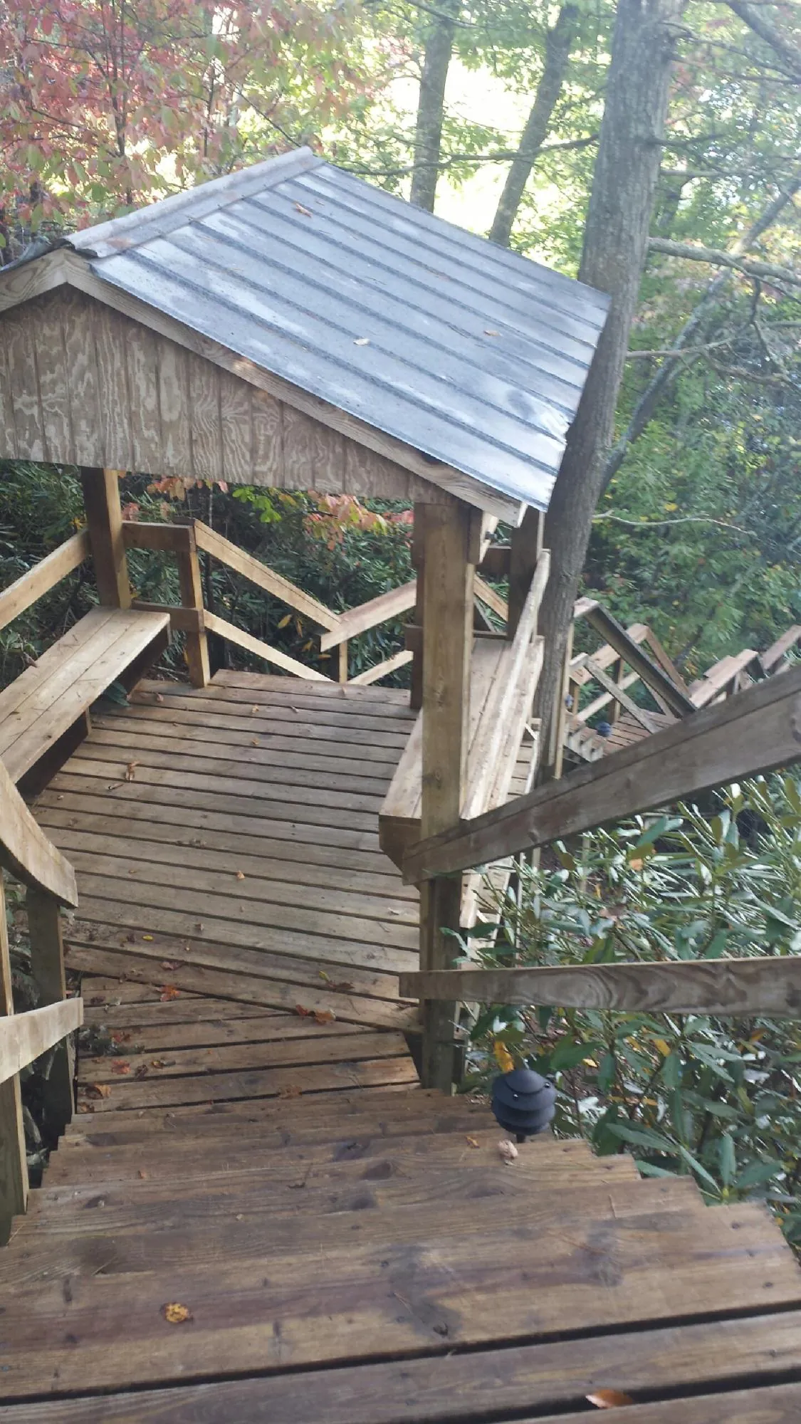 Metal roofed shelter over wooden steps on a wooded walkway — Skylight Repair & Installation work by our crew in Wadsworth
